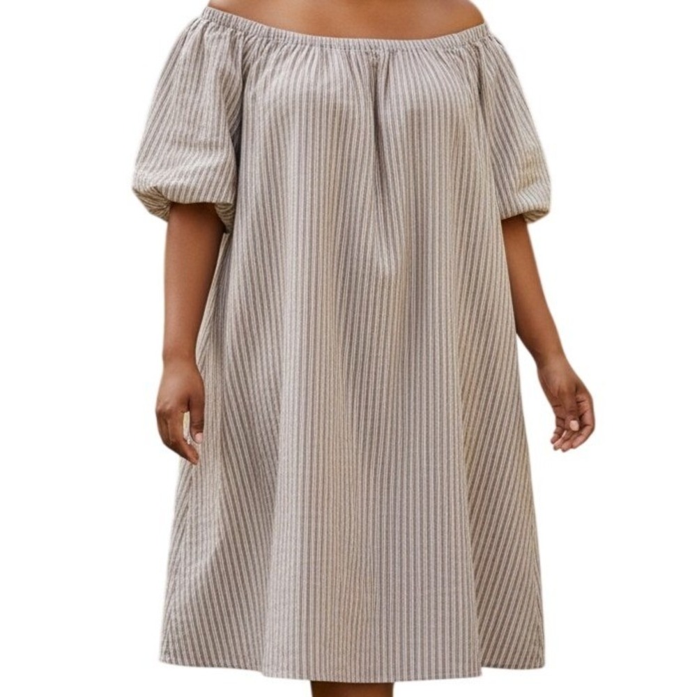 Old Navy Striped Peasant Dress XL Minimalist Cottagecore Off Shoulder Neutral